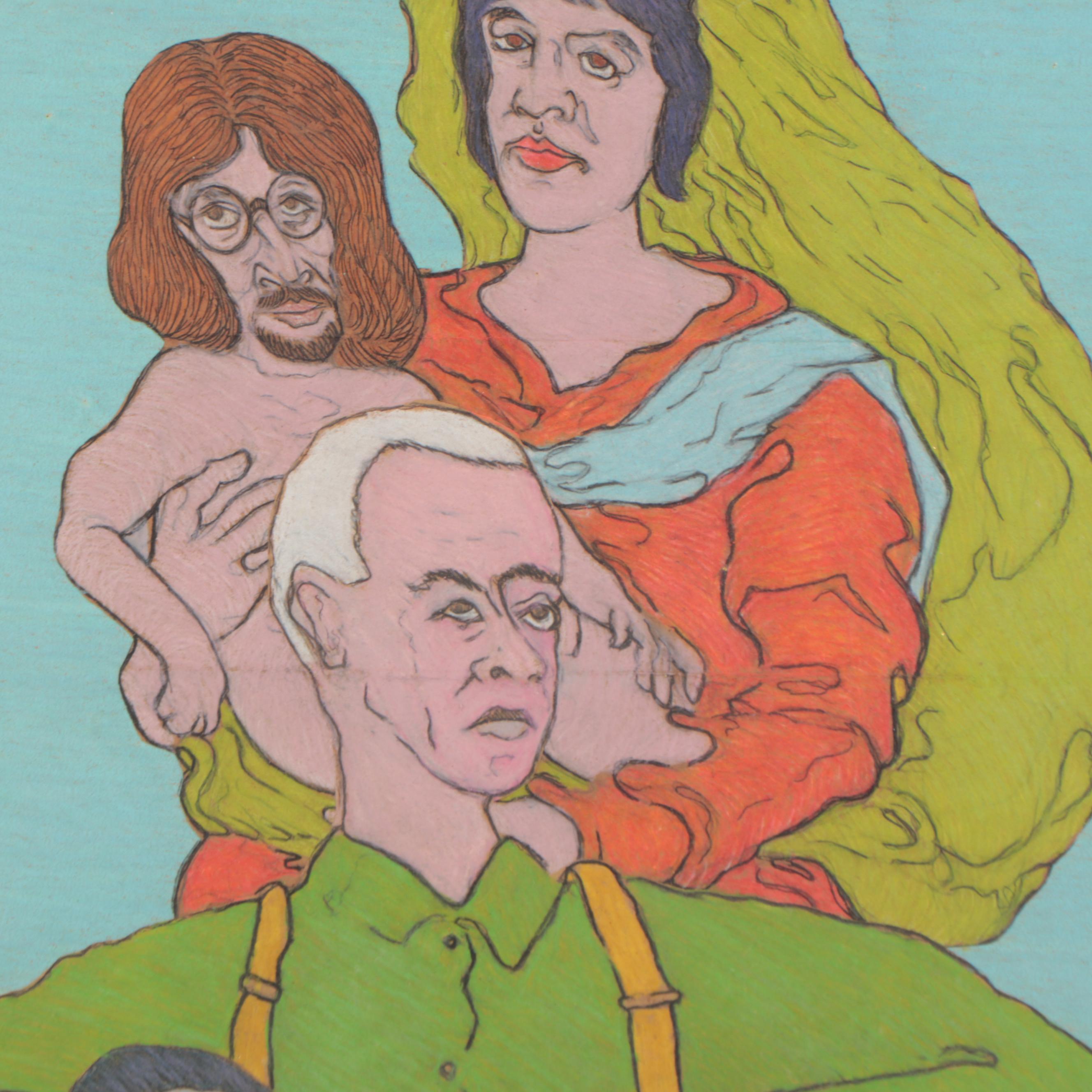 R.G. Maxwell Mixed Media Drawing of Figures, Late 20th Century