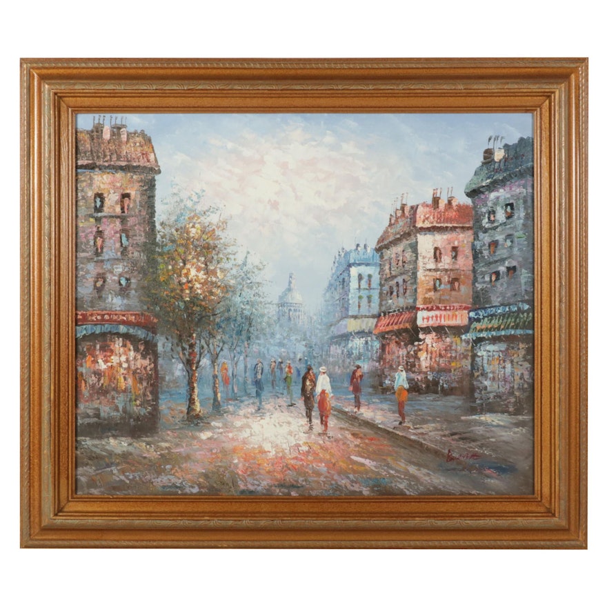 Cityscape Oil Painting of Parisian Street Scene, Early to Mid 20th Century