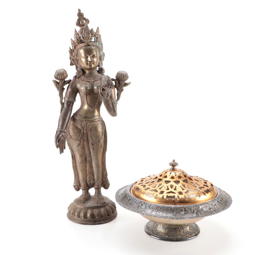 Southeast Asian Brass Tara Idol with Barbour Silver Plate Potpourri Bowl