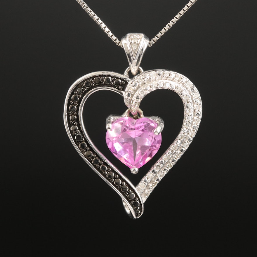 Sterling Sapphire and Diamond Heart Pendant Necklace