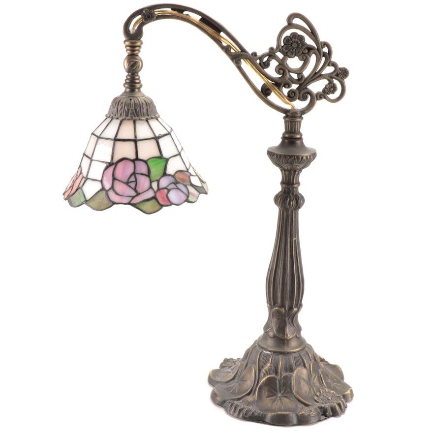 Art Nouveau Style Bronzed Metal Desk Lamp with Rose Motif Slag Glass Shade