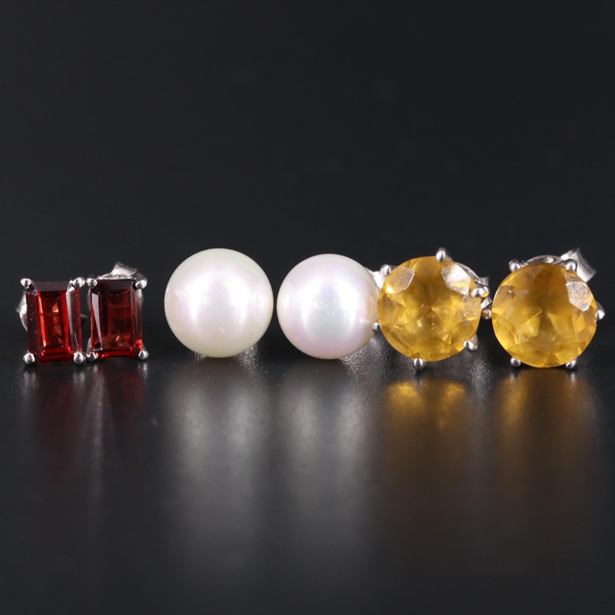 Sterling Silver Stud Earring Trio Including Pearl, Garnet, and Citrine