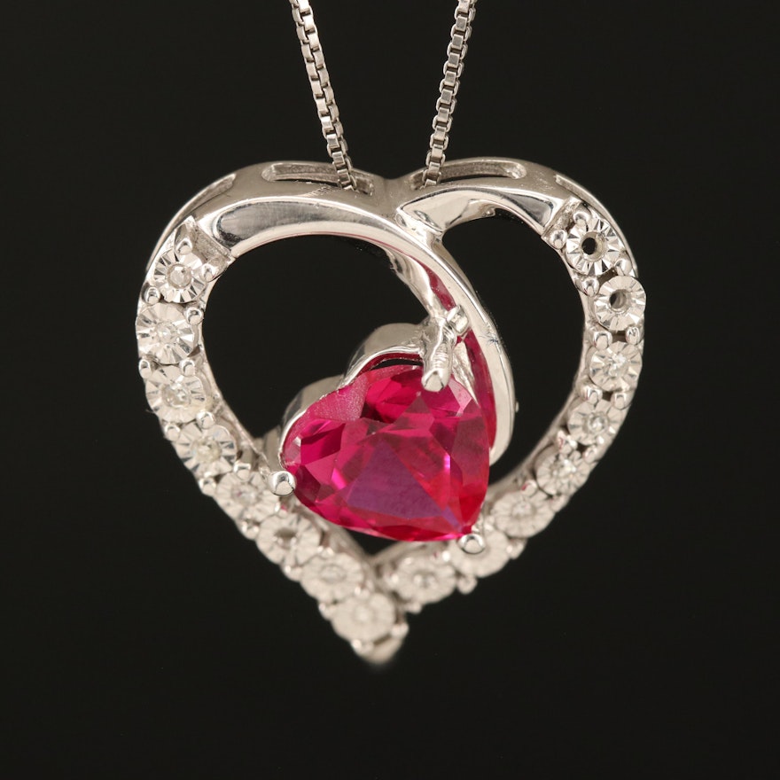 Sterling Ruby and Diamond Heart Pendant Necklace