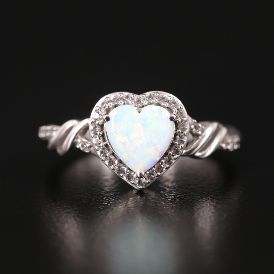 Sterling Opal Heart Ring with Sapphire Halo