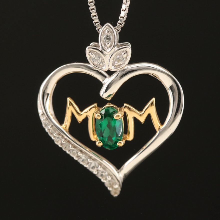 Sterling Emerald and Topaz "Mom" Heart Pendant Necklace