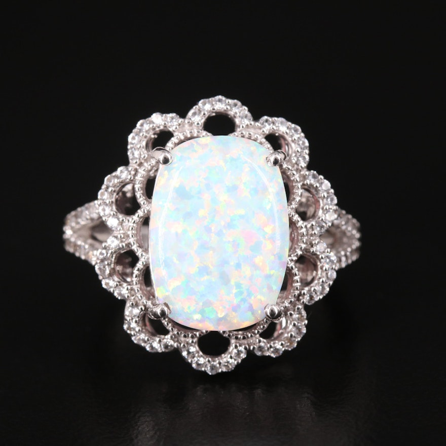 Sterling Opal and Sapphire Ring with Scalloped Trim