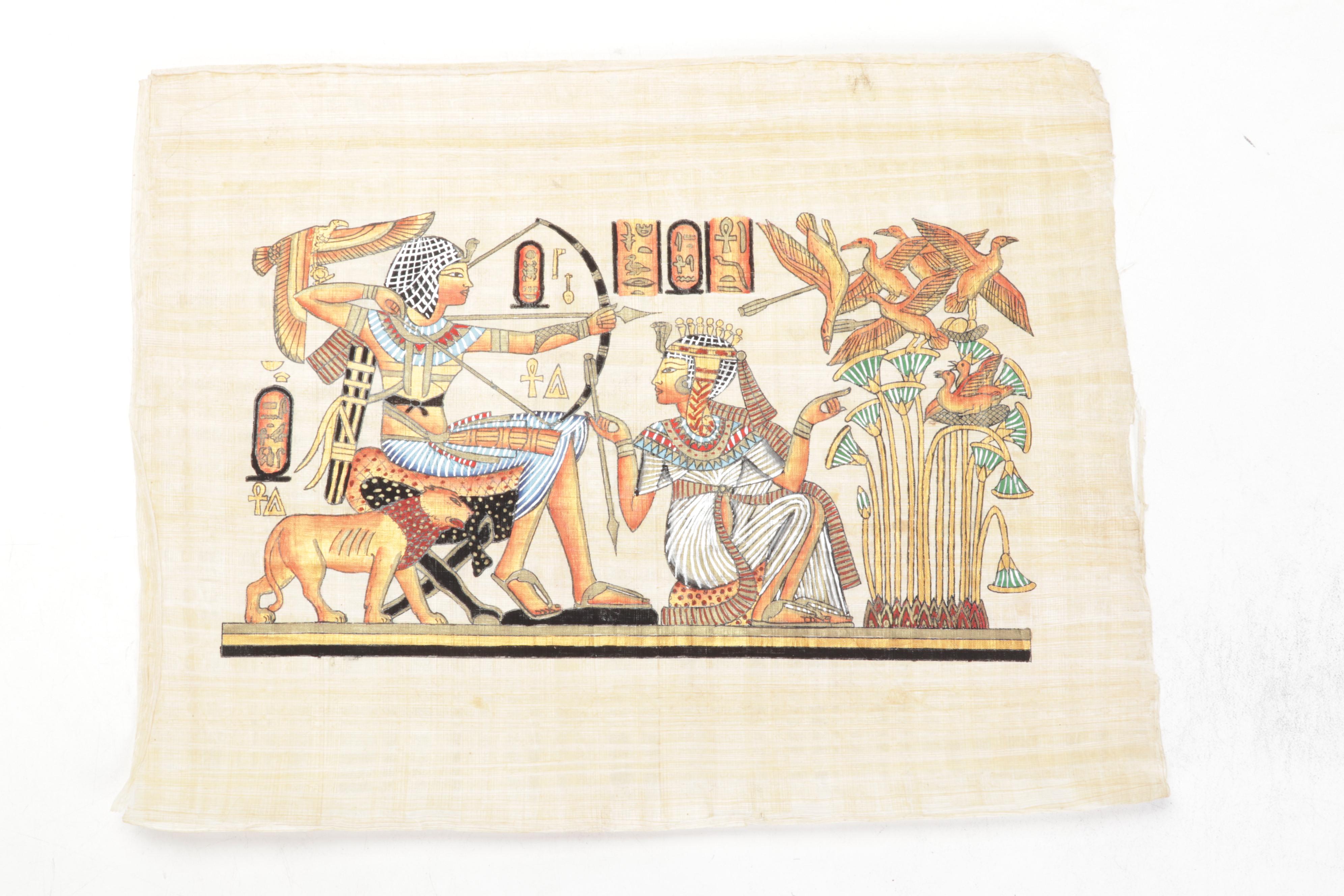 Egyptian Inspired Gouache and Ink Paintings on Papyrus, Circa 1990