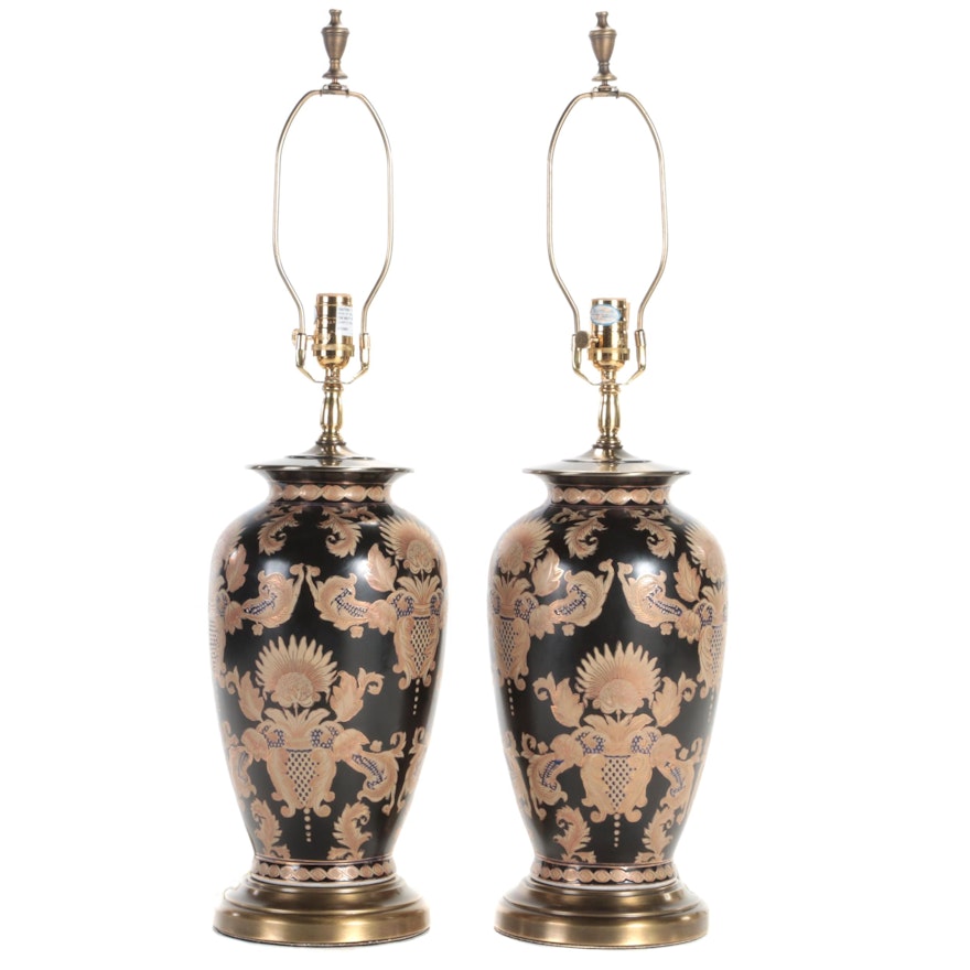Oriental Accent Chinese Ceramic Gilt Decorated Urn Table Lamps, Late 20th C