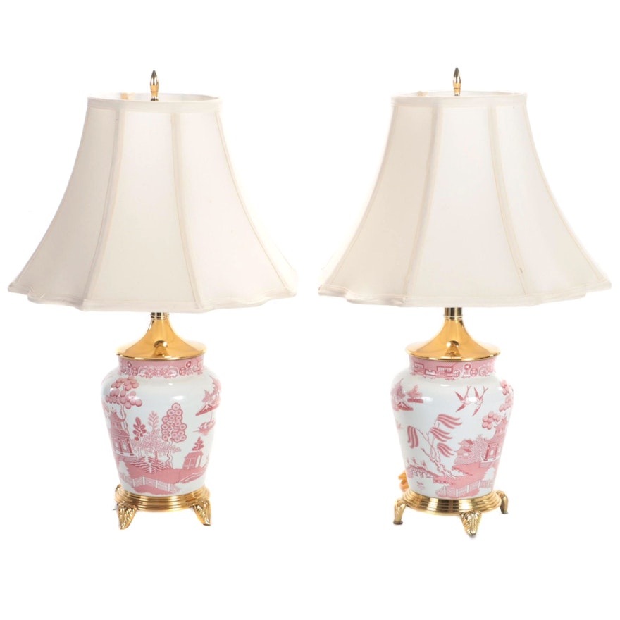 Pair of Spode "Red Willow" Brass and Porcelain Table Lamps, Late 20th Century