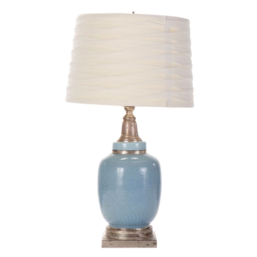Blue Ceramic Urn and Cast Metal Lamp With Tailored Shade, Mid-20th Century