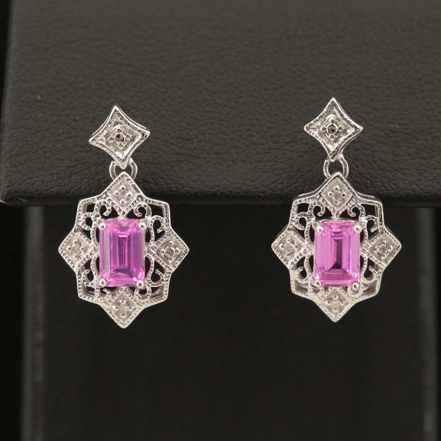 10K Sapphire and Diamond Drop Earrings with Filigree Accent