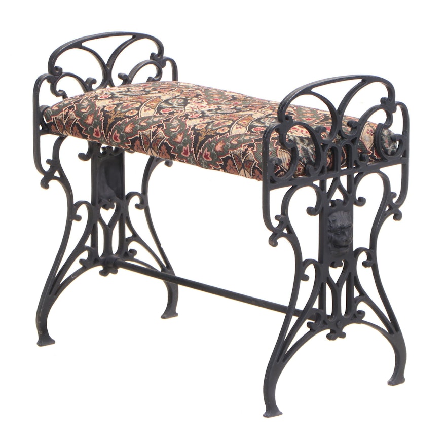 Spanish Revival Style Cast Iron and Tapestry Upholstered Bench, 1930s