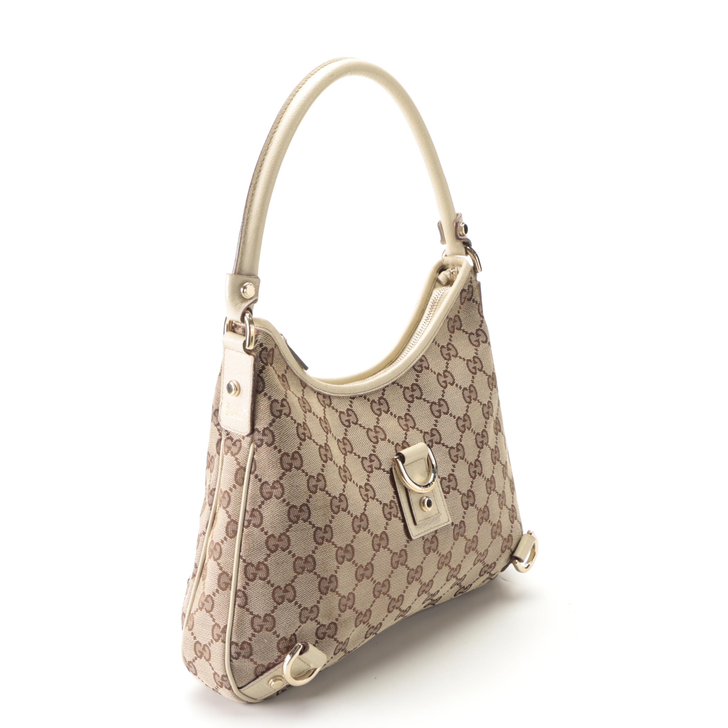 Gucci Abbey GG Canvas Hobo Bag with Ivory Cinghiale Leather Trim