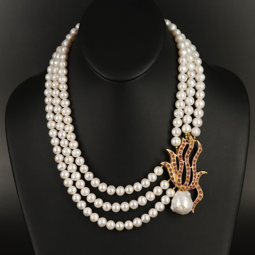 Sterling Pearl and Ruby Necklace