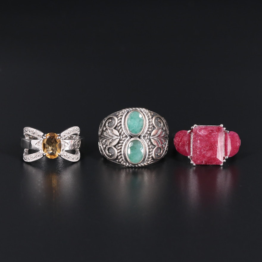 Sterling Silver Ring Collection Including Ruby and Emerald