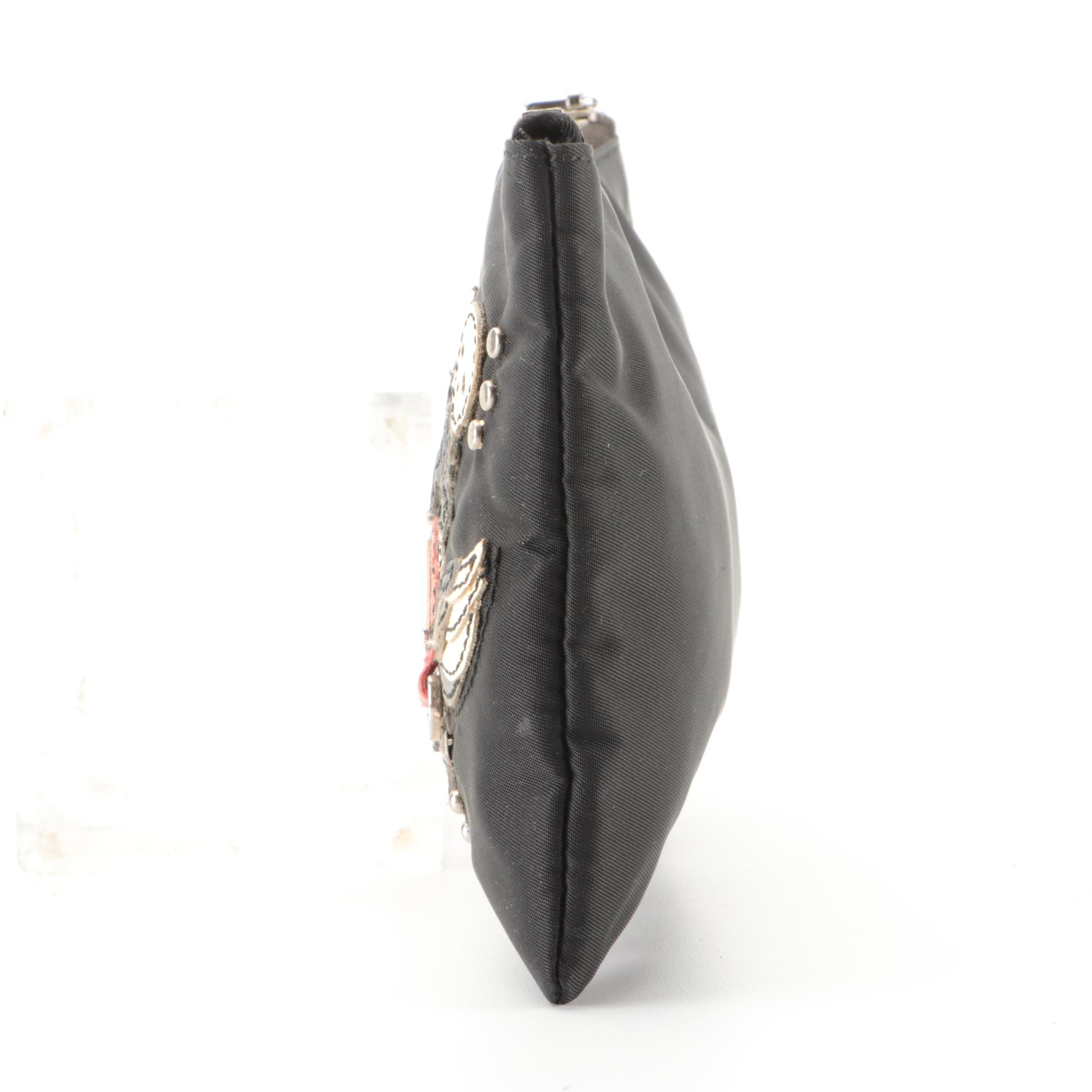 Prada Zip Pouch in Embellished Tessuto Skull Nylon with Box