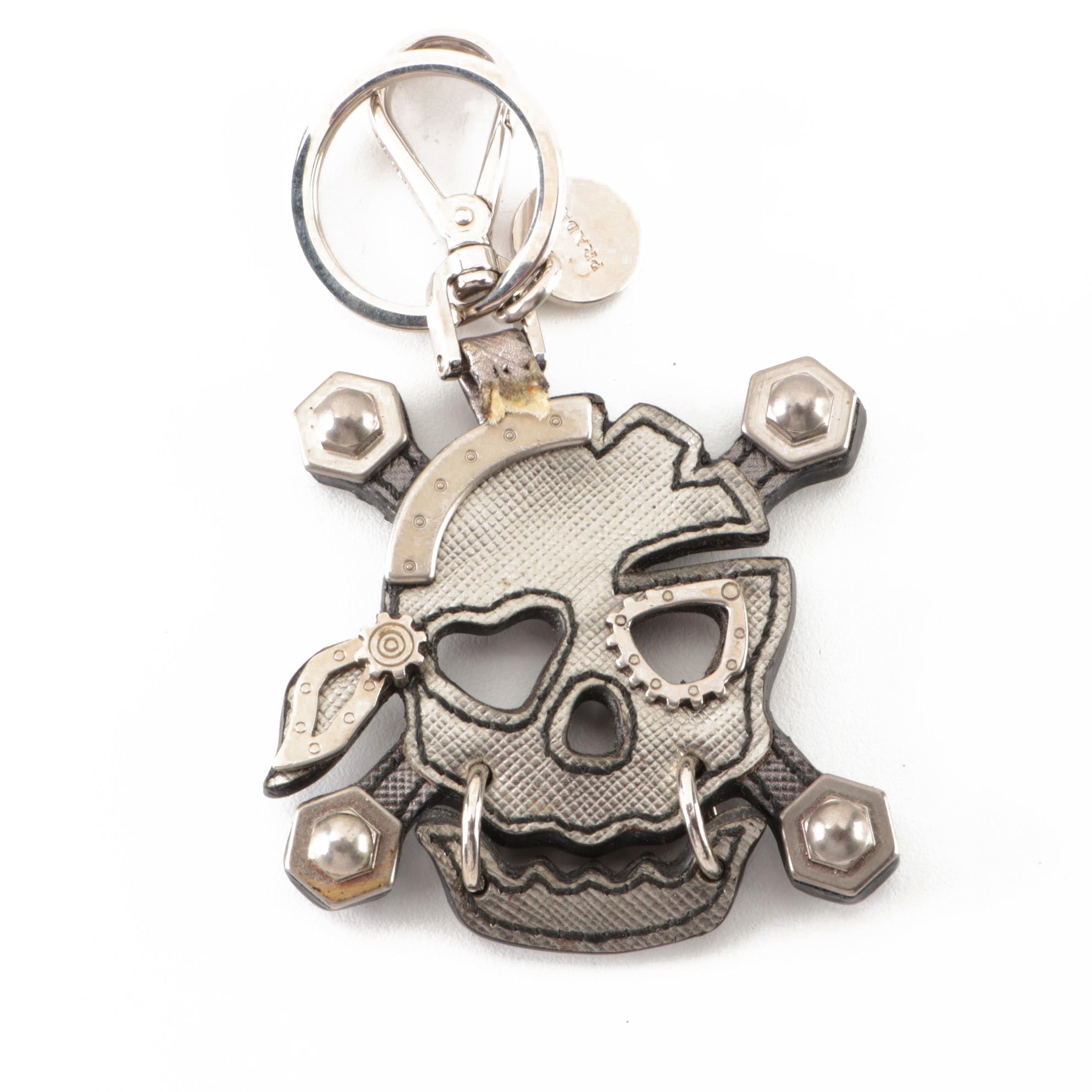 Prada Skull Keychain/Bag Charm in Embellished Saffiano Leather with Box