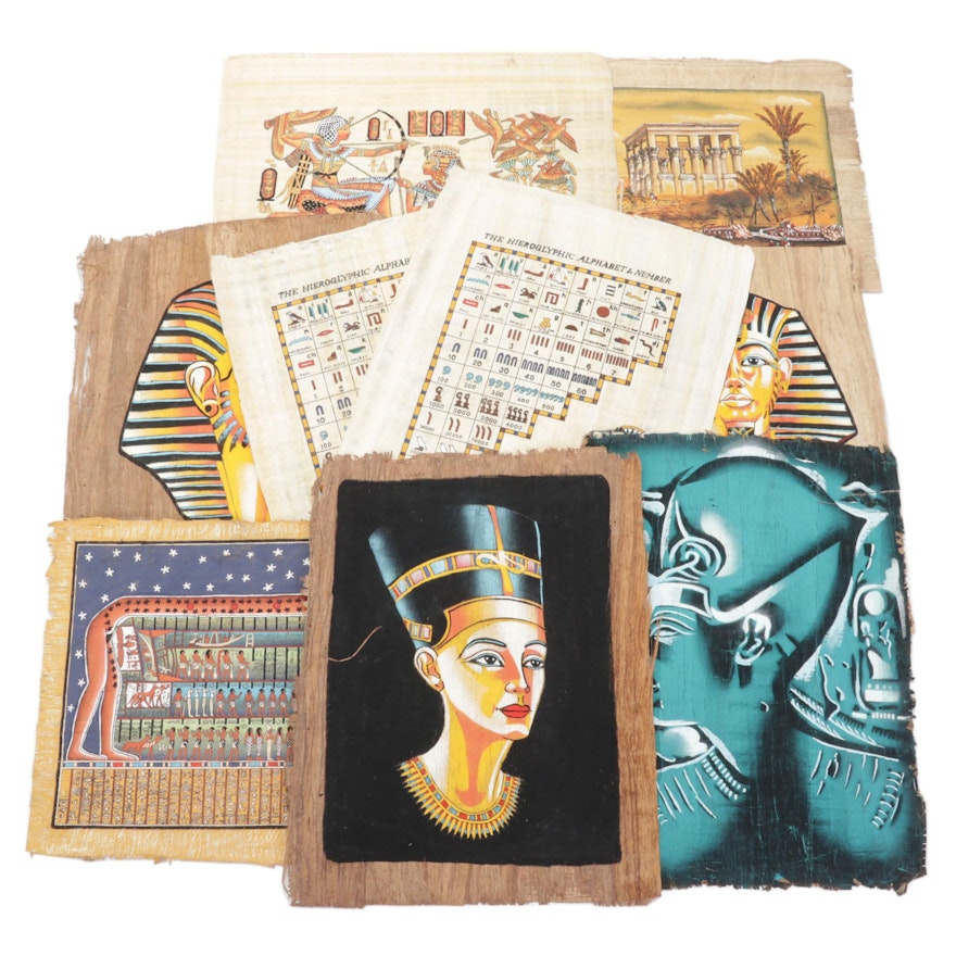 Egyptian Inspired Gouache and Ink Paintings on Papyrus, Circa 1990