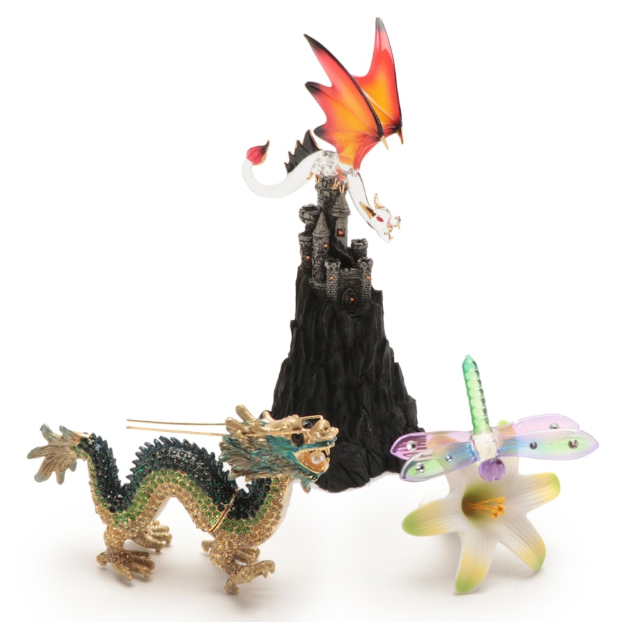 Glass Baron "Dragon Castle Villain" and "Dragonfly Lily" Figurines with Jere Box
