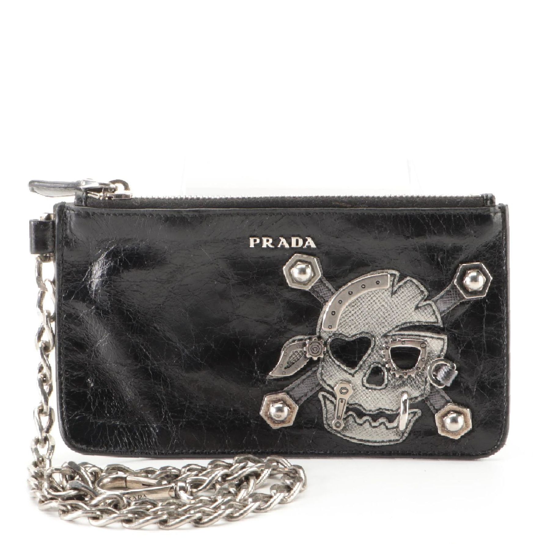 Prada Wallet on Chain in Skull and Crossbones Embellished Lambskin Leather