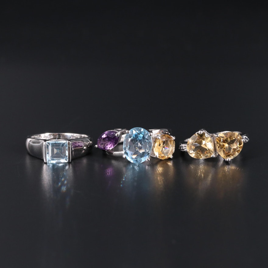 Sterling Silver Ring Trio Including Citrine and Amethyst and Topaz