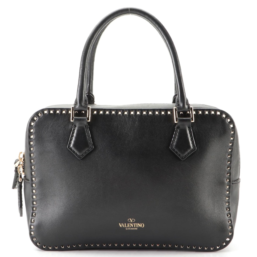 Valentino Small Rockstud Handbag in Black Calfskin Leather with Shoulder Strap