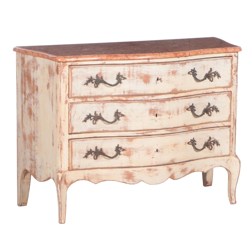 Louis XV Style Painted and Marble Top Three-Drawer Bombé Commode, 20th Century