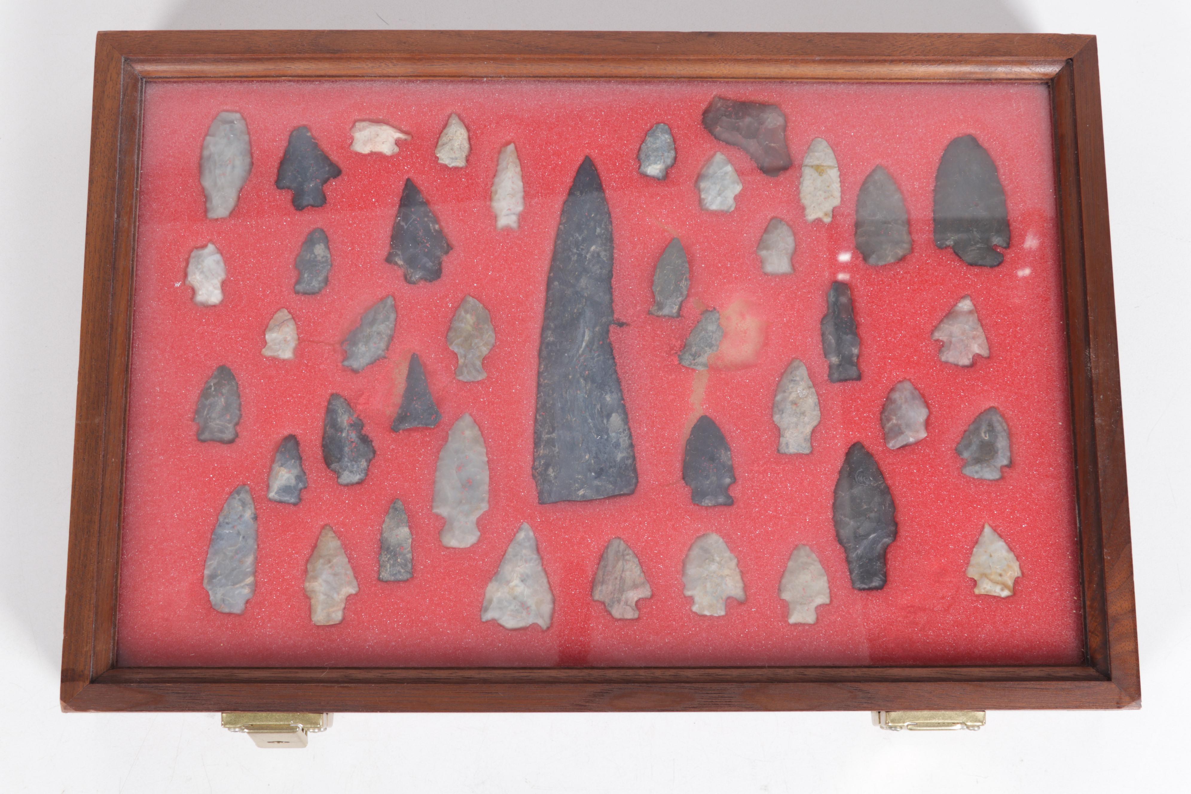 Projectile Points in Display Case with Other Lithic Artifacts