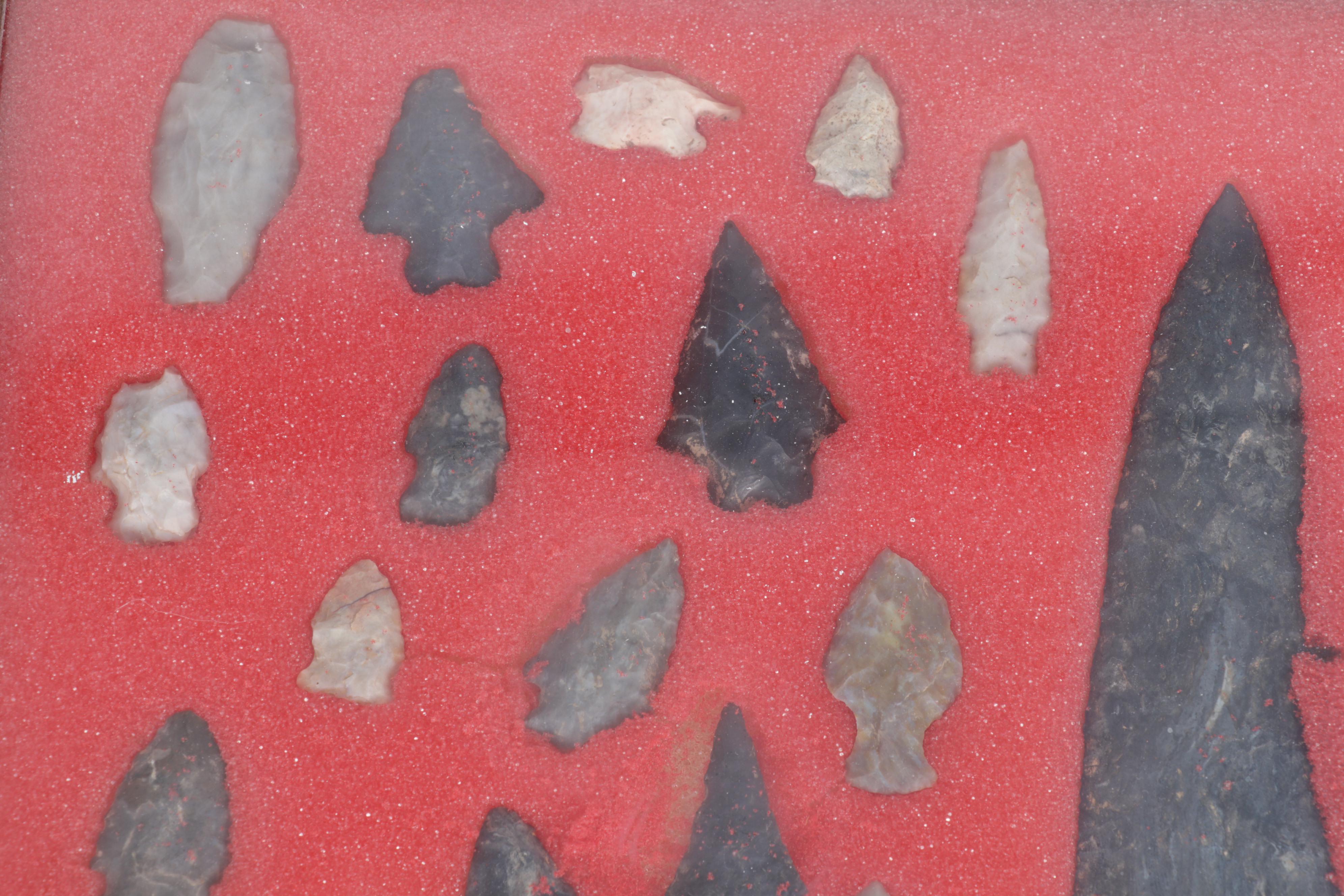 Projectile Points in Display Case with Other Lithic Artifacts