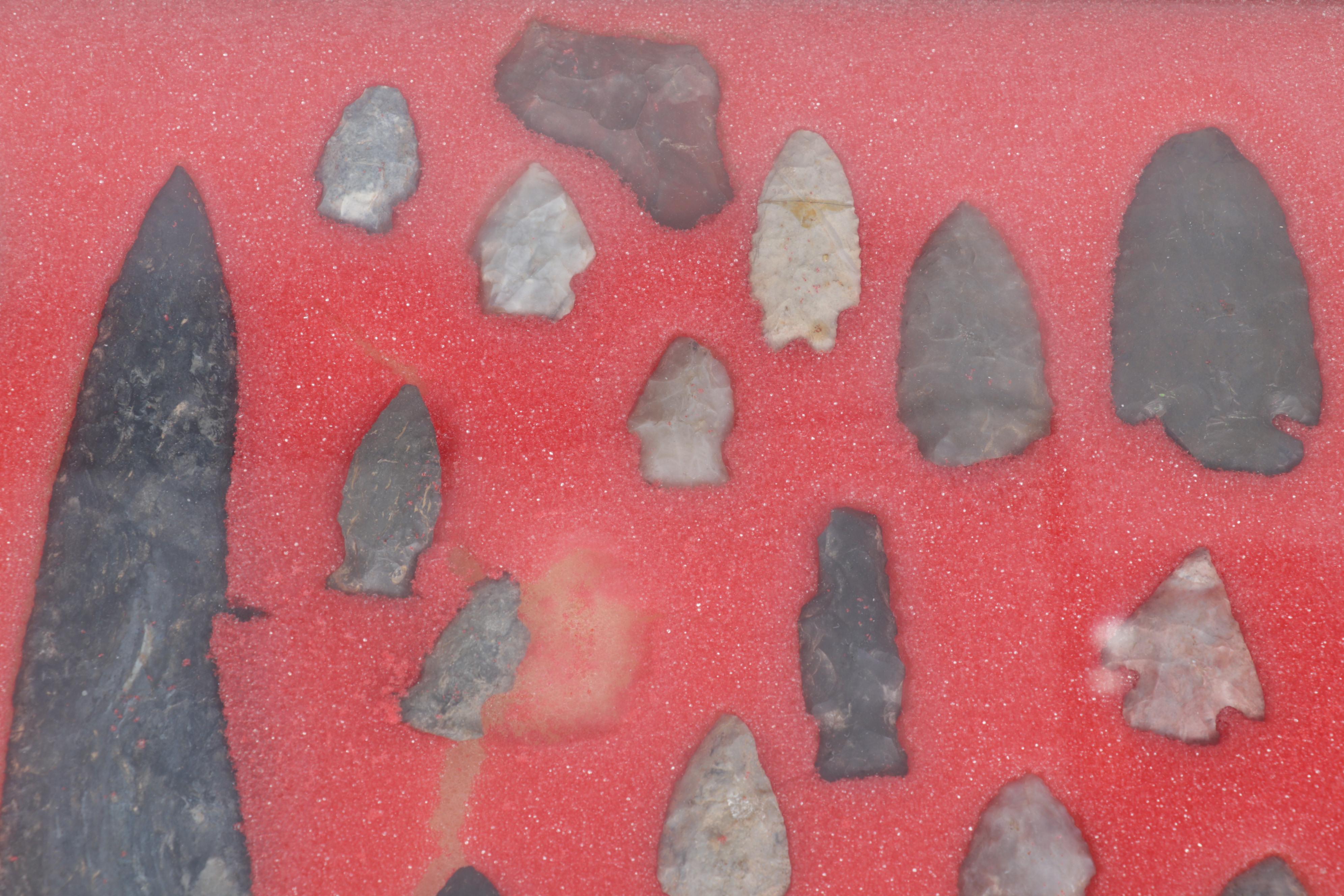 Projectile Points in Display Case with Other Lithic Artifacts