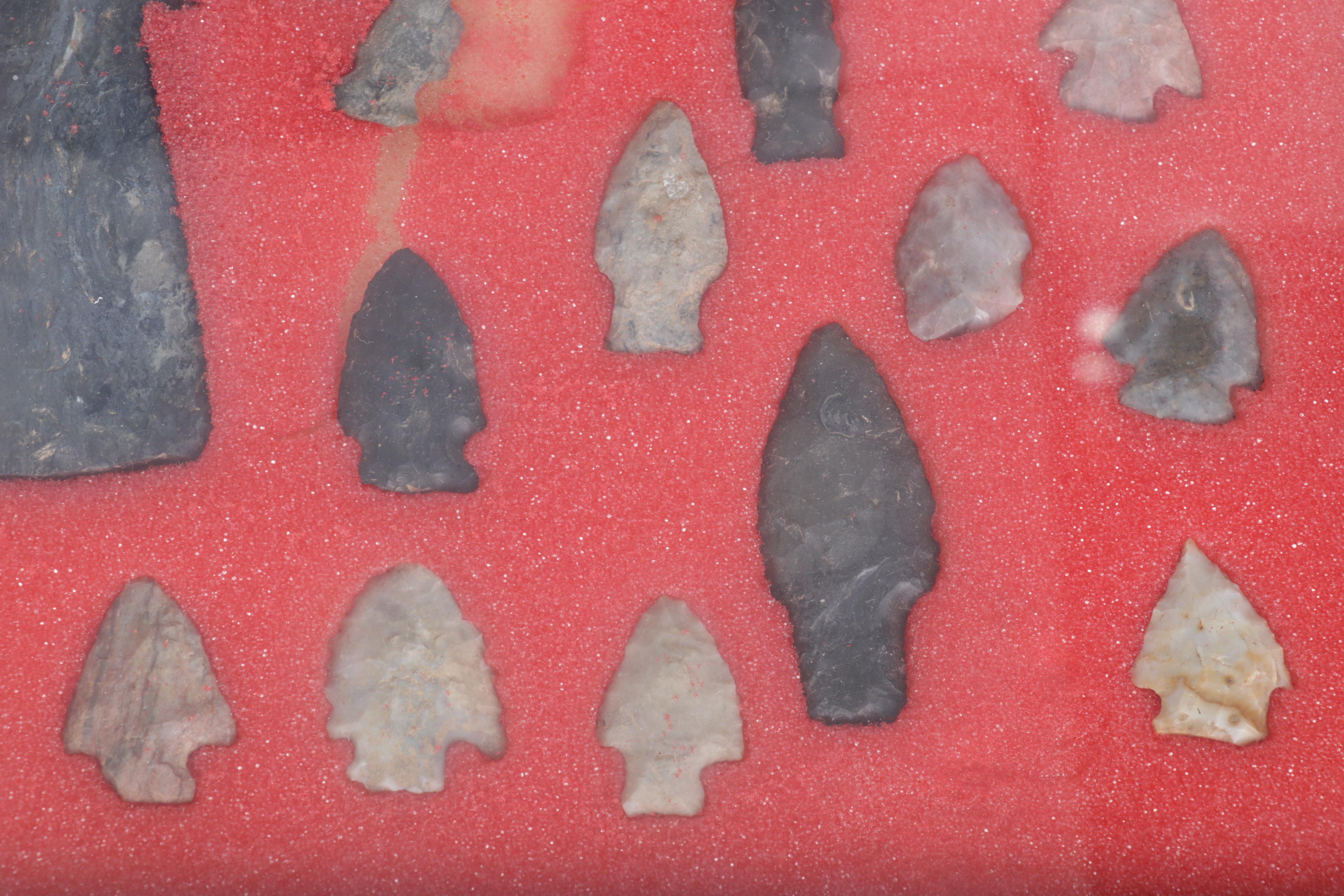 Projectile Points in Display Case with Other Lithic Artifacts