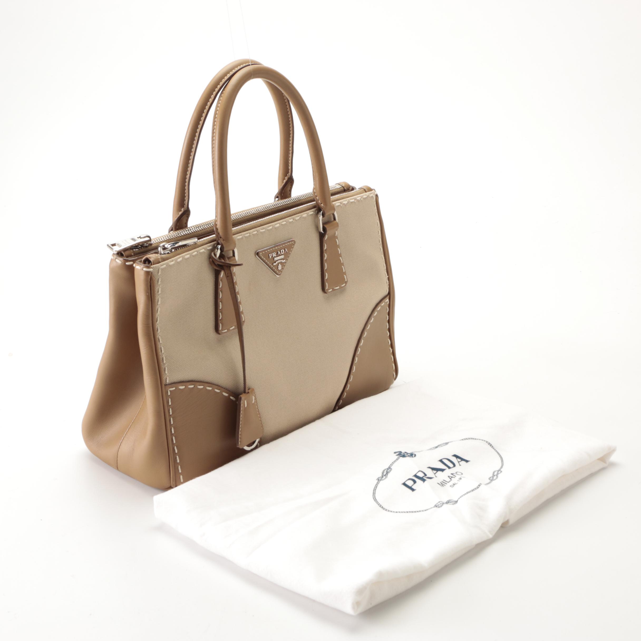Prada Double-Zip Contrast Stitch Tote in Canvas and Leather