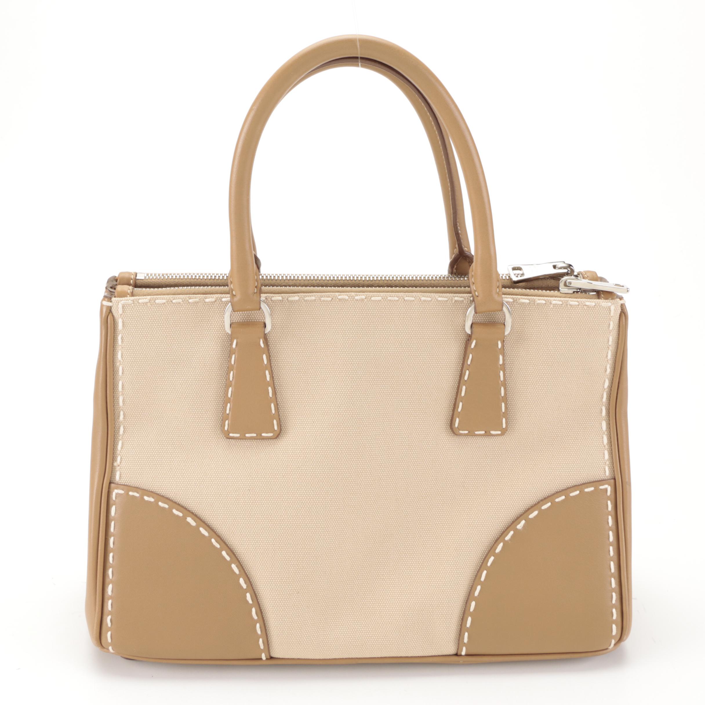 Prada Double-Zip Contrast Stitch Tote in Canvas and Leather
