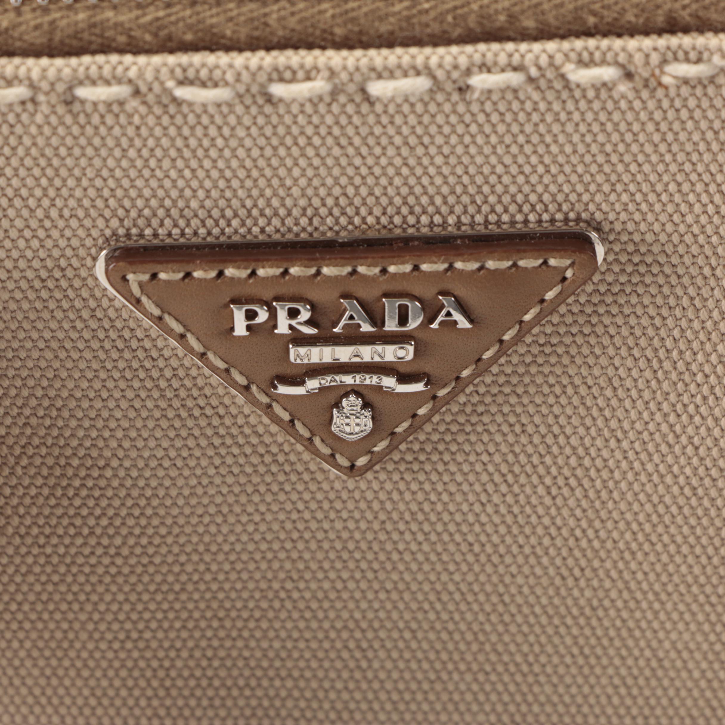 Prada Double-Zip Contrast Stitch Tote in Canvas and Leather