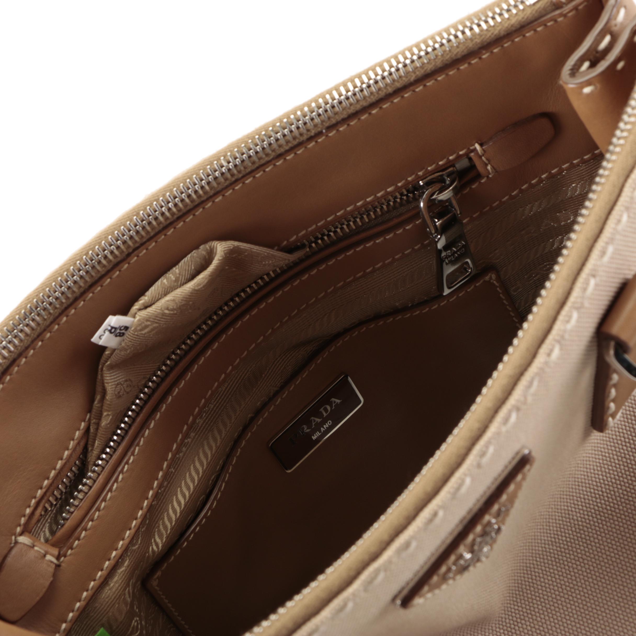 Prada Double-Zip Contrast Stitch Tote in Canvas and Leather