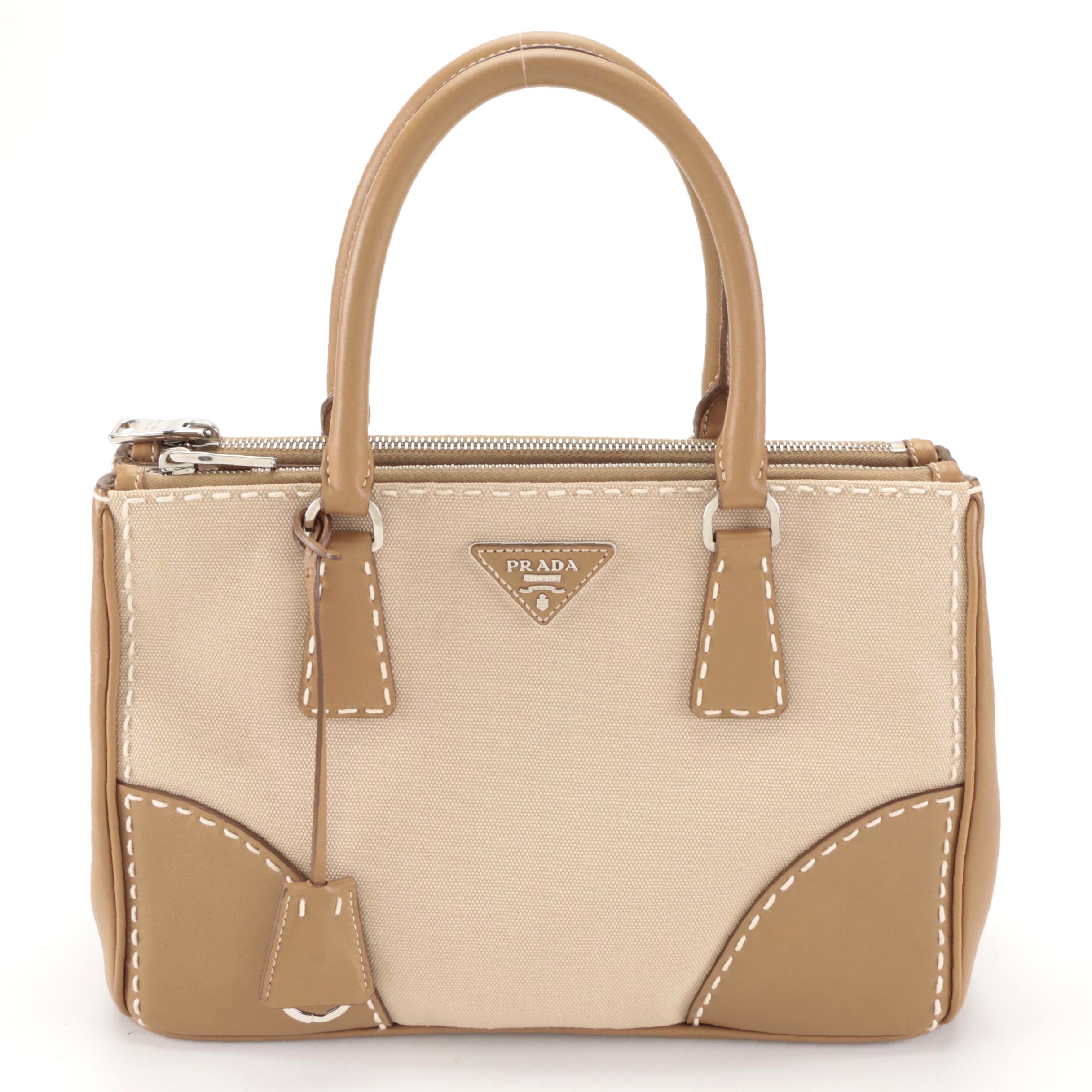 Prada Double-Zip Contrast Stitch Tote in Canvas and Leather