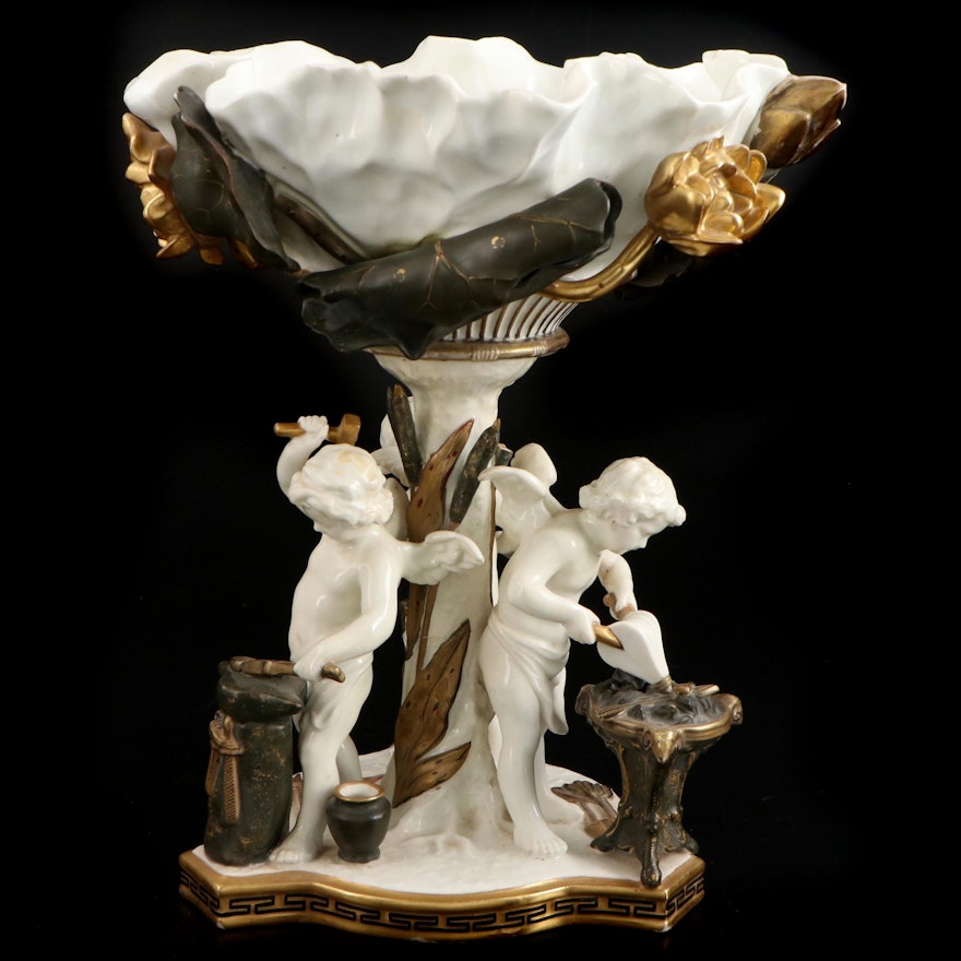 Moore Bros. English Partial Gilt Cherubs at the Forge Centerpiece Compote