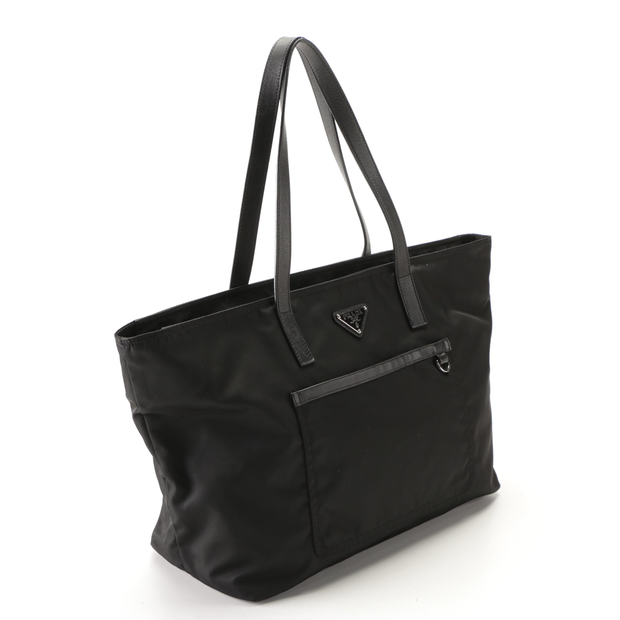 Prada Zip Tote Bag in Black Tessuto Nylon and Saffiano Leather Trim
