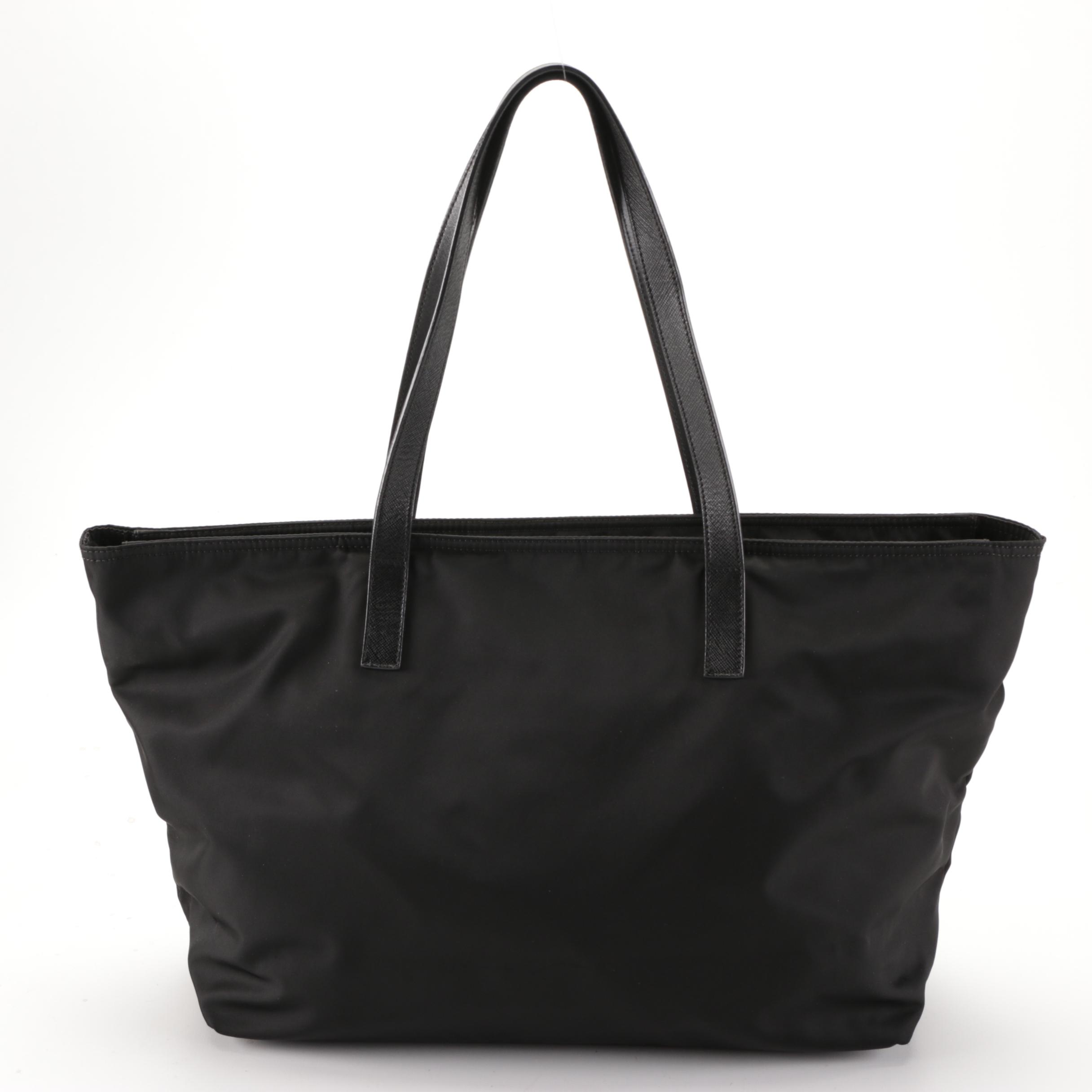 Prada Zip Tote Bag in Black Tessuto Nylon and Saffiano Leather Trim