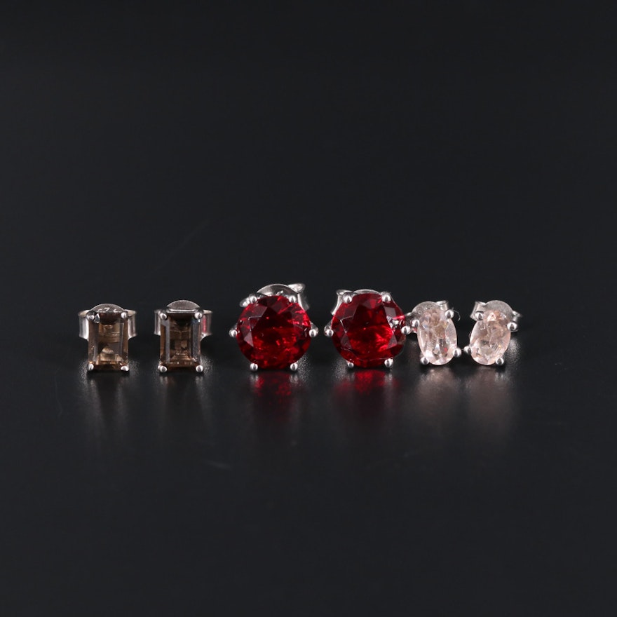 Sterling Silver Stud Earring Trio Including Garnet and Smoky Quartz