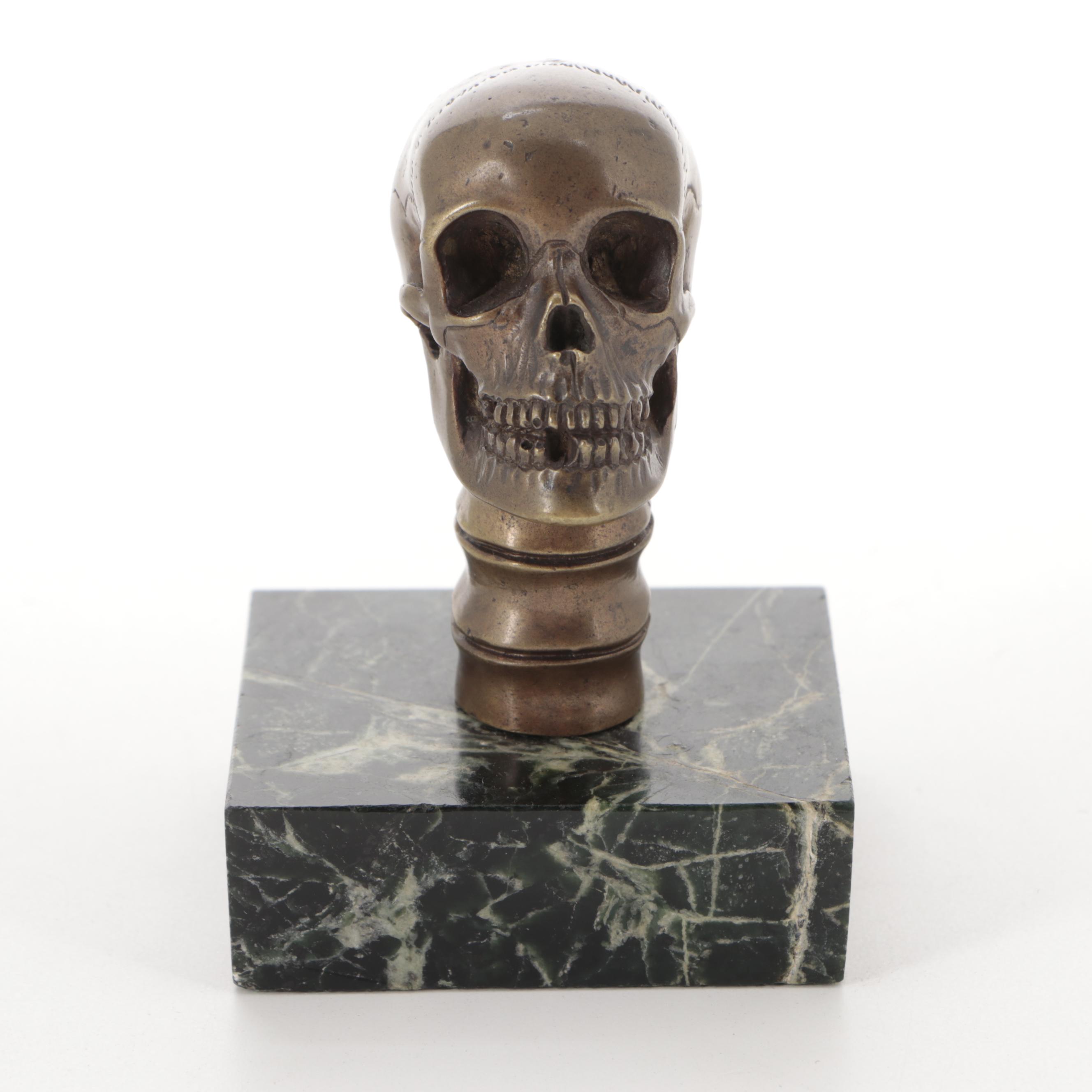 Cast Bronze Skull Memento Mori on Green Marble Plinth