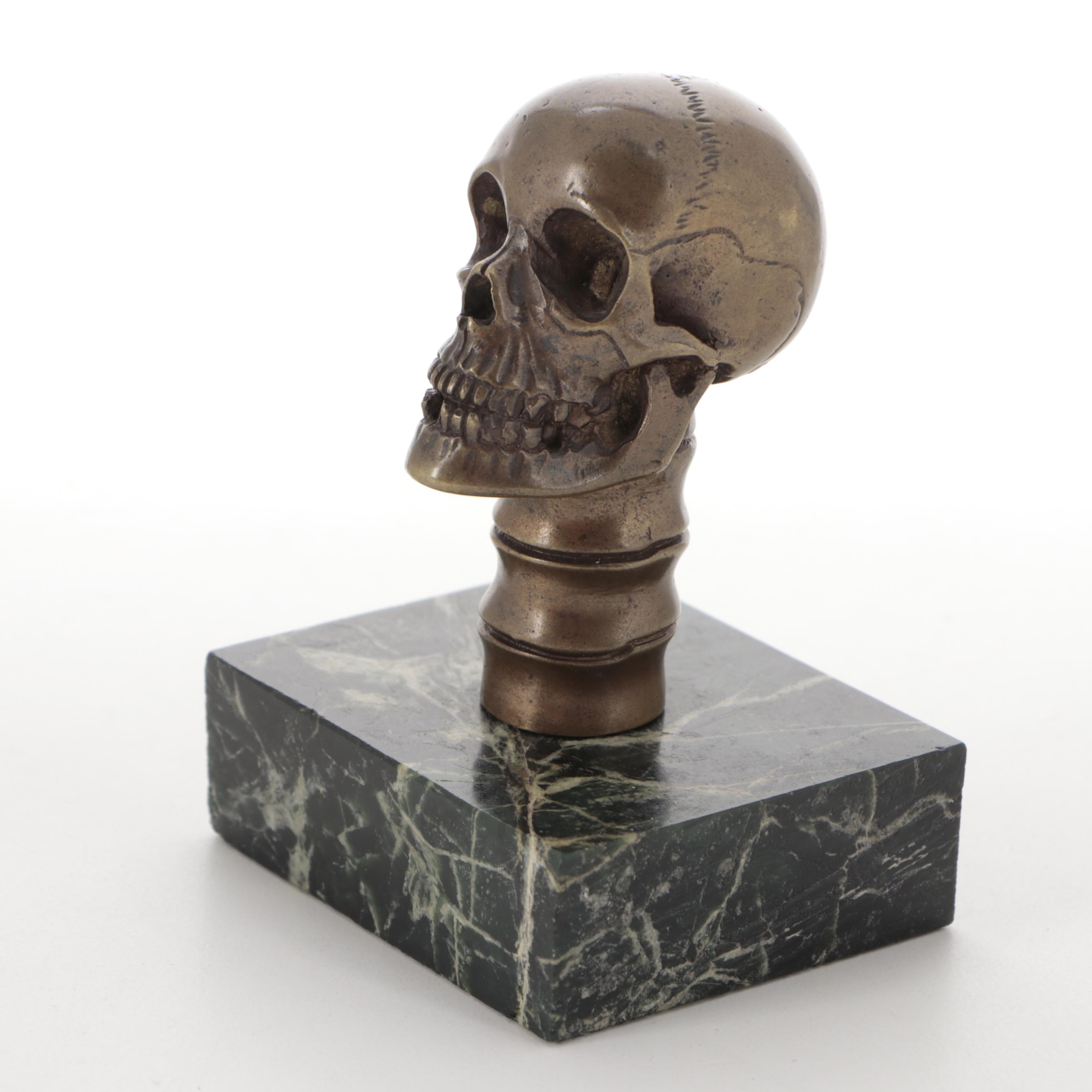 Cast Bronze Skull Memento Mori on Green Marble Plinth