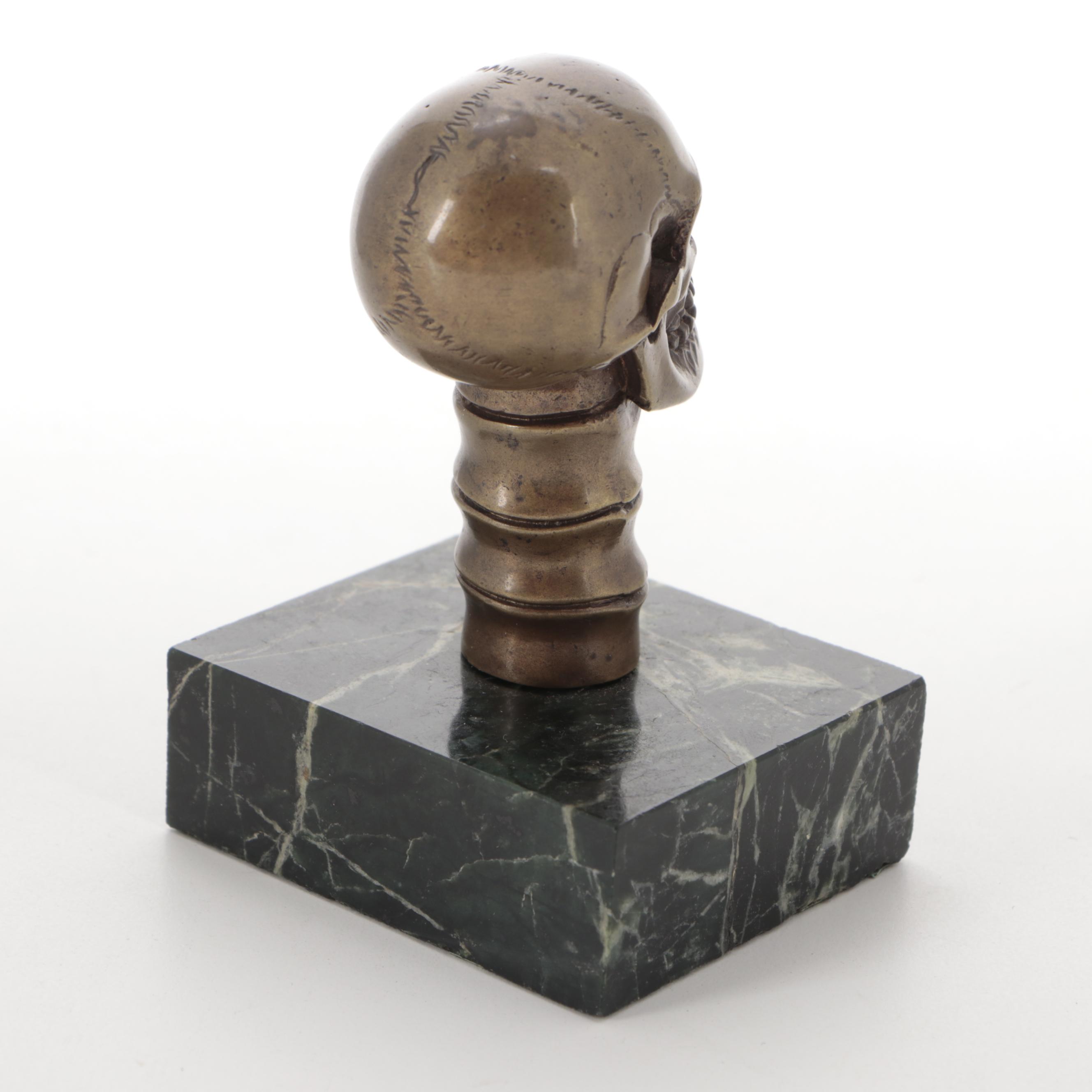 Cast Bronze Skull Memento Mori on Green Marble Plinth