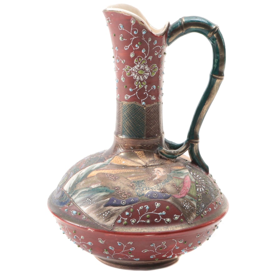 Japanese Satsuma Earthenware Ewer with Moriage Accents