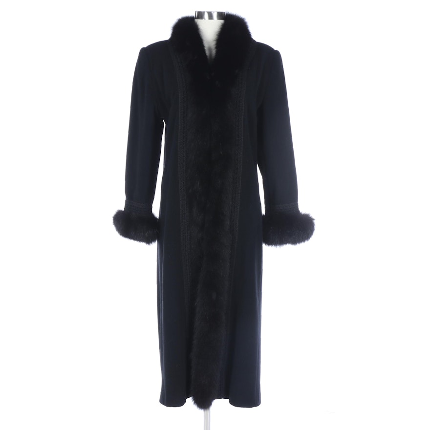 Marvin Richards Lambswool Coat with Fox Fur and Soutache Trim