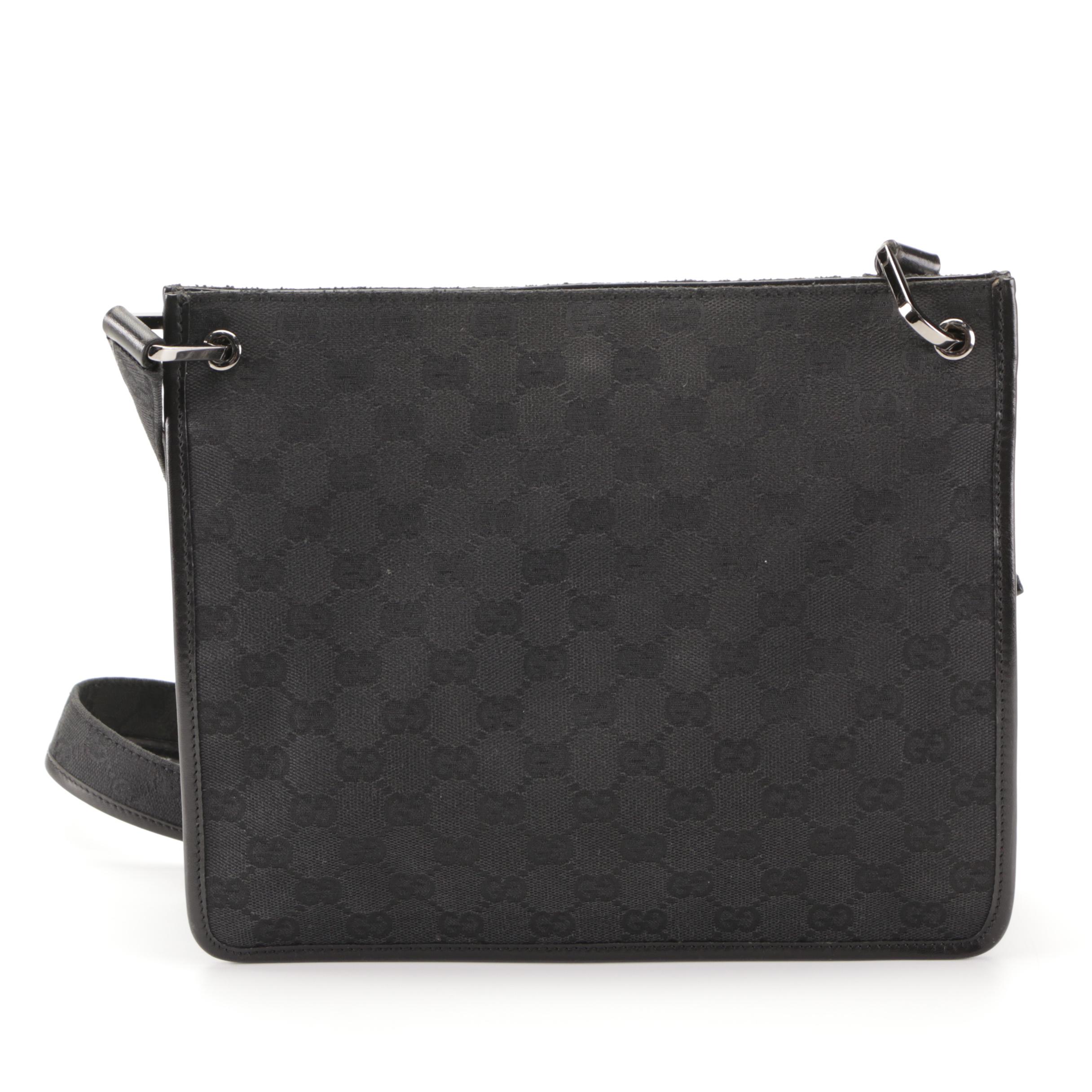 Gucci Flat Crossbody Bag in Black GG Canvas and Leather