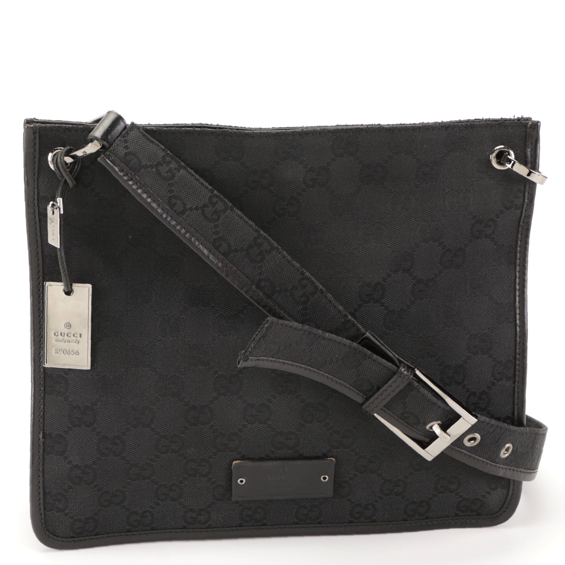 Gucci Flat Crossbody Bag in Black GG Canvas and Leather
