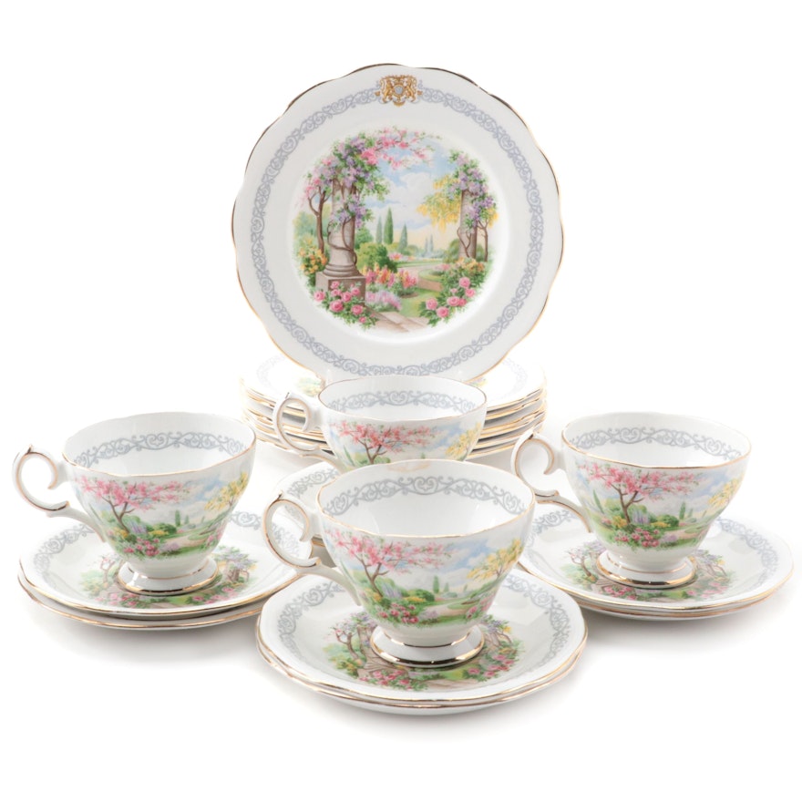 Queen Anne English Bone China "Royal Kew Gardens" Teacups and Dessert Plates