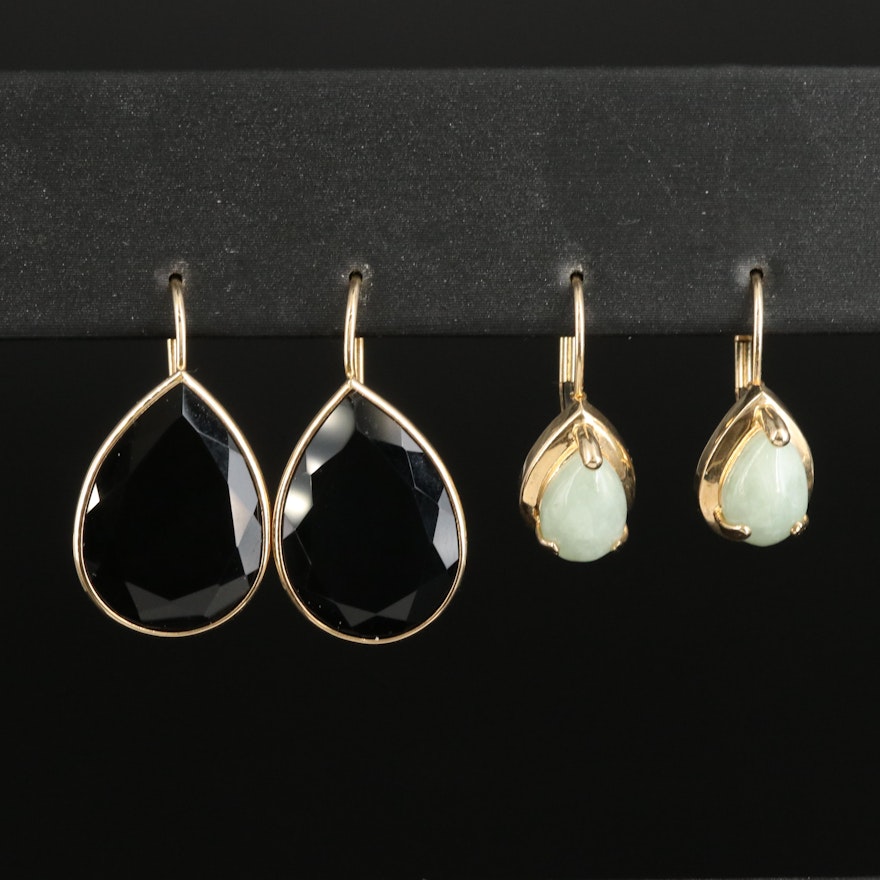 14K Jadeite and Black Onyx Teardrop Earrings