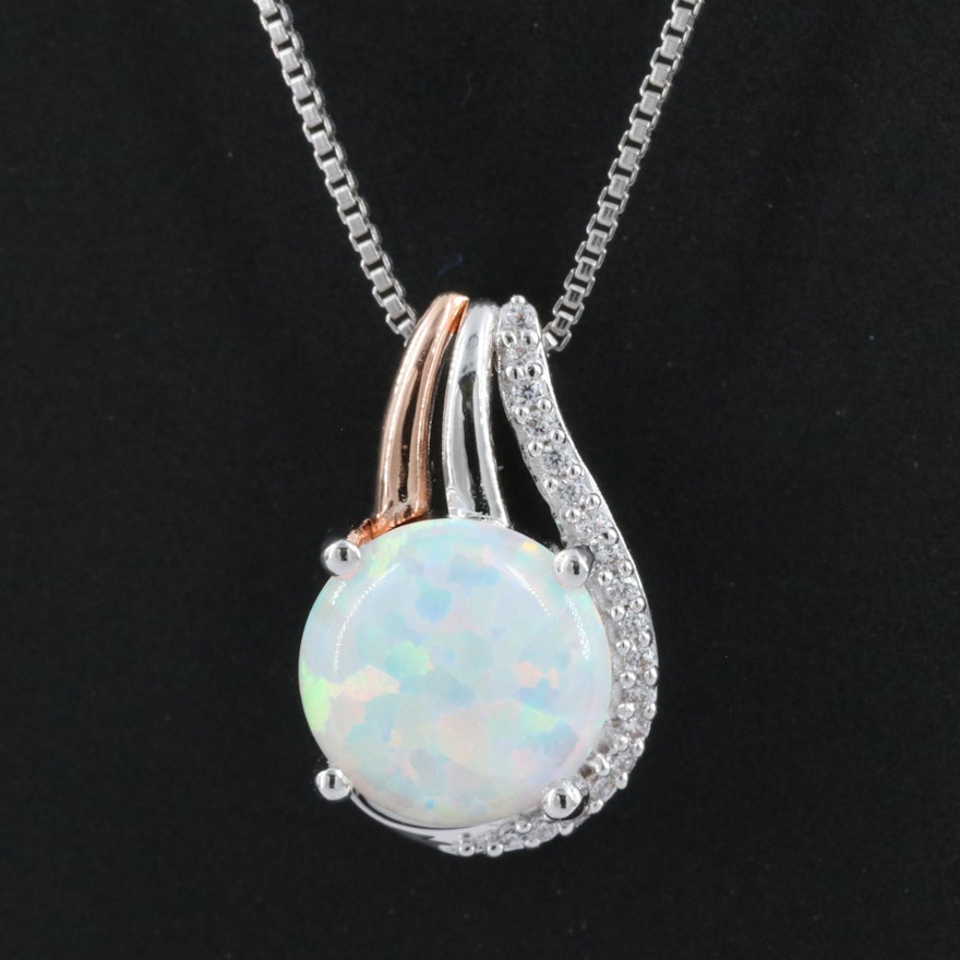 Sterling Opal and Cubic Zirconia Pendant Necklace